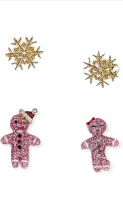 Betsey Johnson Christmas Stud Earrings Mismatch Pink Gingerbread & Snowflakes