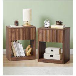 Brand New In The Box- Fluted Dresser, Small Nightstands Set of 2, Walnut Bedside Table with Drawer and Storage, Mid Century Modern Side Table for Bedr