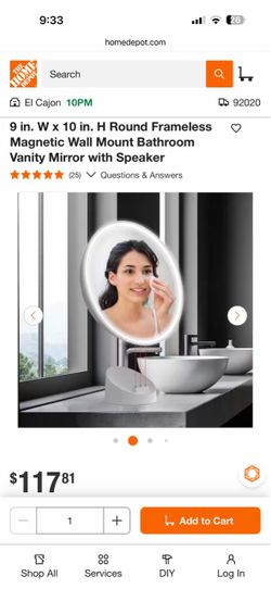 9 in. W x 10 in. H Round Frameless Magnetic Wall Mount Bathroom Vanity Mirror with Speaker