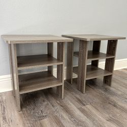 🔥 RUSTIC GRAY END TABLES - 2 NIGHTSTANDS - WOOD SHELVES 🤎