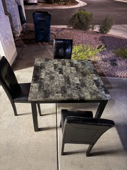 Marble Faux Kitchen Table with Black Leather Chairs