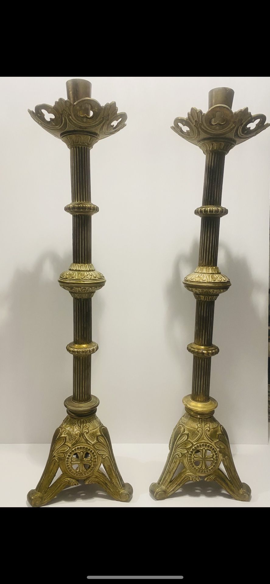 Antique 19th Century Altar Italian Paschal Tall Brass Pair Candlestick Holders