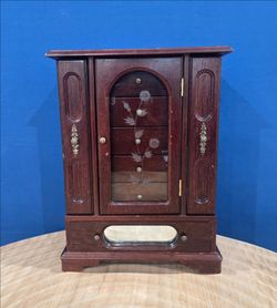 Vintage Wooden Jewelry Cabinet with Drawers - Glass & Side Compartments  ~ 14" tall