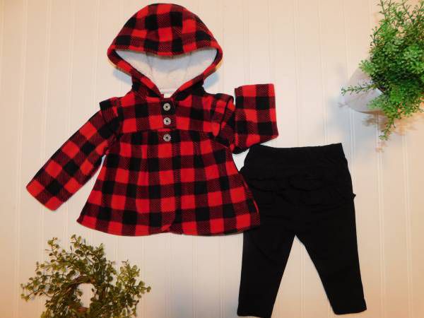 Carters Garanimals Girl Clothes 3-6M Red Plaid Fleece Hood Jacket Pant