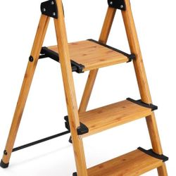 Delxo Portable Collapsible Lightweight Aluminum 3 Step Stool Step Ladder with Long Handrails and Safety Latch Mechanism, Woodgrain Finish