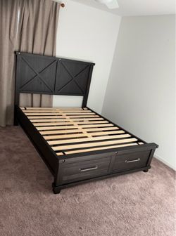 Dark Wood Platform Queen Bed Frame with Storage Drawers