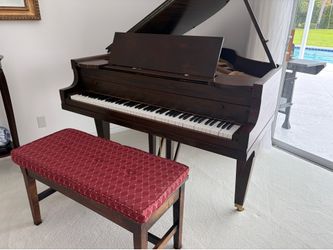 Vintage mahogany baby grand piano with a red diamond-tufted bench - Great Body Condition and sounds great!!  OFFERING FREE DELIVERY