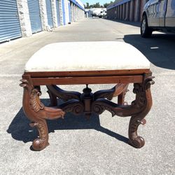Vintage Great Condition Carved Wood & Upholstered, Cushion, Accent Vanity Stool. 28” x 21” x 24 