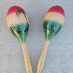 Vintage Hand-Painted Mexican Wooden Maracas (Pair)