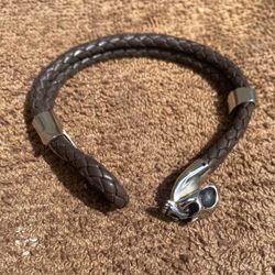 Stainless Steel Leather Skull Mens Bracelet Braided..