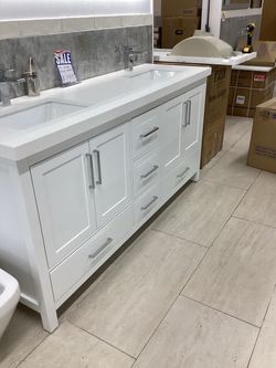 72-Inch Double Sink Bathroom Vanity with Quartz Top double sinks white color solid wood fully assembled Softclose drawers doors ready for pick up