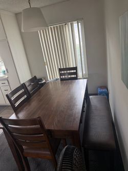 Wood Dining Table Set – Table + 4 Chairs + Bench | 60” x 36”