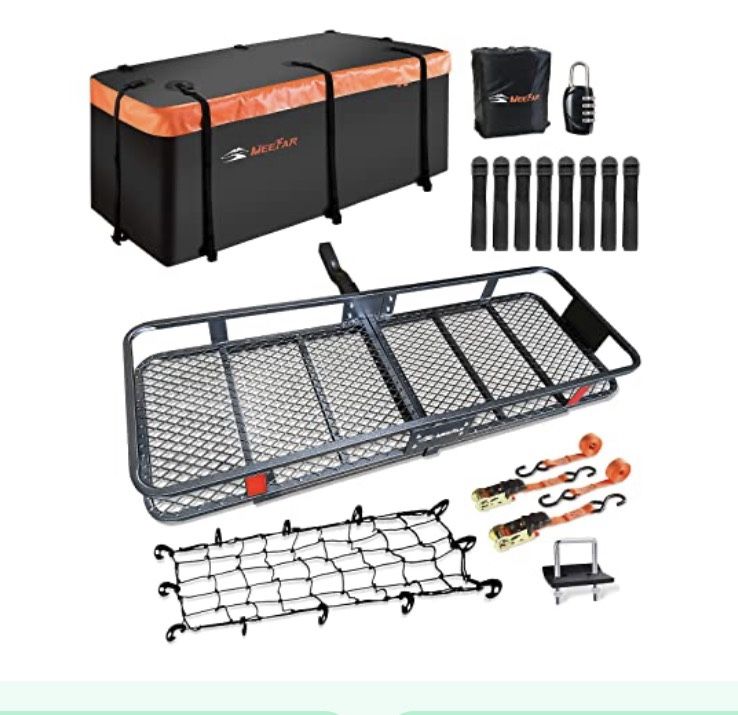 MeeFar Folding Hitch Mount Cargo Carrier Basket 60" X 20" X 6"+Waterproof Cargo Bag 16 Cubic Feet(58" 19" 24")