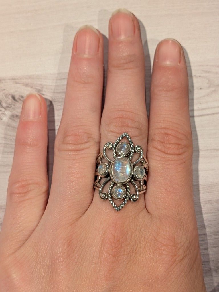 Vintage Sterling Silver Multi-stone Blue Flash Moonstone Ring