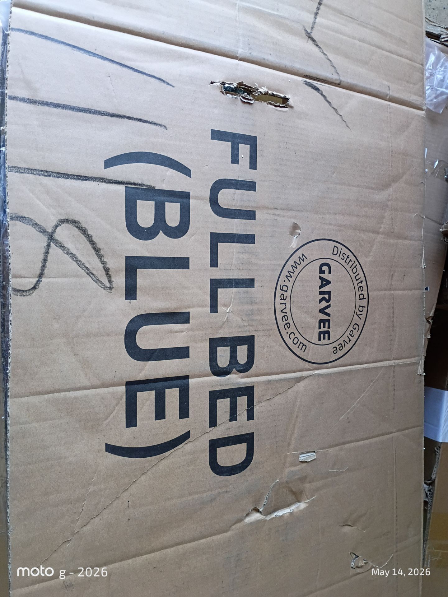 Full size bed frame (blue) no box spring needed with headboard