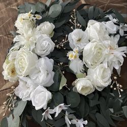 White Roses and Eucalyptus Artificial Faux Flower Garland For Welcome Sign, Arch, Wedding Reception Decoration, Party, Event Decor, Greenery