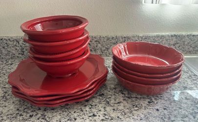 Princess House Red Ceramic Dinnerware Set – Plates and Bowls