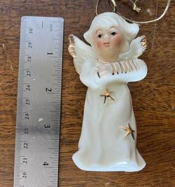 Vintage Porcelain Hand Painted Angel Playing Accordian Ornament