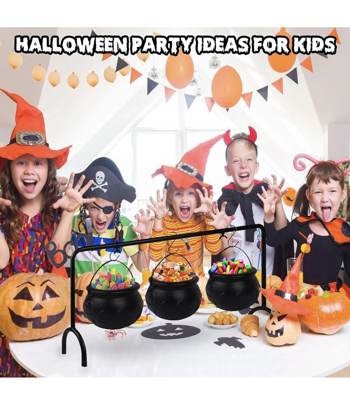 Halloween Witch Cauldron Candy Serving Bowl Hocus Pocus Decor, Set of 3 Black Plastic Cauldron Bowls with Iron Rack, Spooky Candy Bucket Punch Bowls f