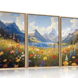 HOURIA Boho Vibrant Watercolor Wildflower & Snowy Mountain Framed Canvas Wall Art Set
