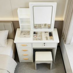 White Vanity Dressing Table With Drawer Lighted Mirror Stool Makeup Desk Bedroom