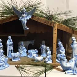 Vintage Large Holland Mold Ceramic Blue Bisque Nativity 18 Pc. Set