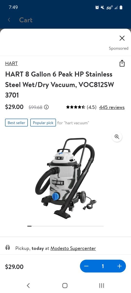 HART 8 Gallon 6 Peak HP Stainless Steel Wet / Dry Vacuum , VOC812SW for Sale in Modesto, CA