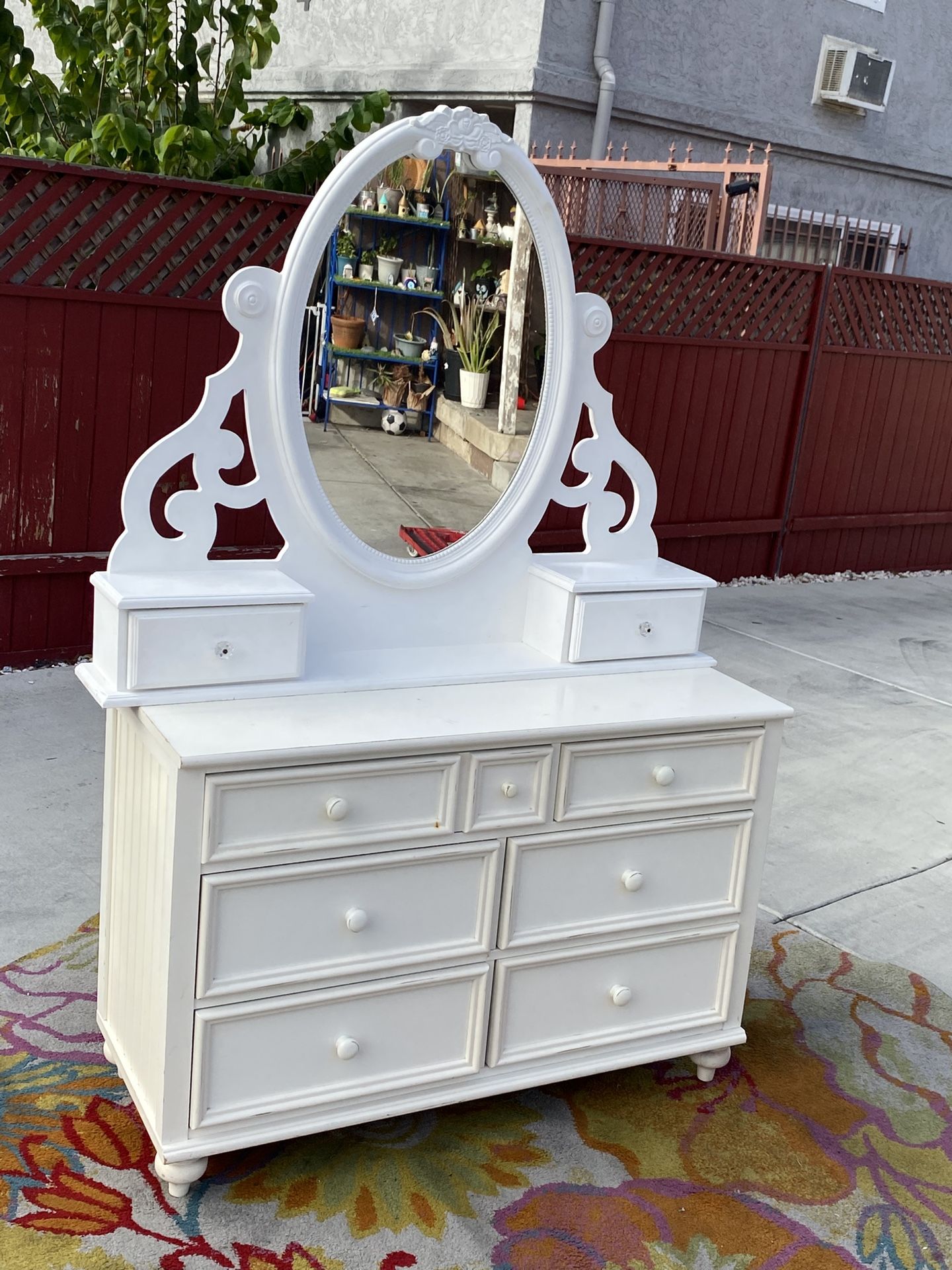 MCM Standley 6 drawer Shabby White Dresser With Top Mirror Vanity