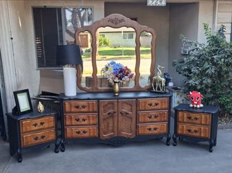 French Provincial 9 Drawer Dresser with Mirror and Pair of 2 Drawer Nightstands - all Solid Wood-Black and Walnut