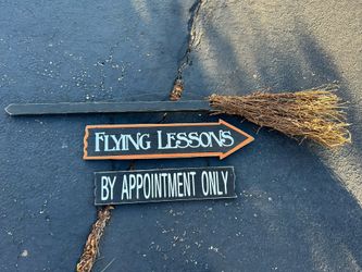 Charming Wooden Halloween Witch Broom Sign