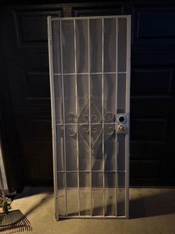 White Metal Security Screen Door with Scrollwork