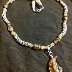 Handmade Beaded Green Baltic Amber Moon Necklace 