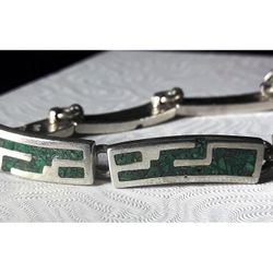 6.5" x 6mm Vintage Solid Sterling Silver w Crushed Turquoise Inlay 7 Panel Hinged Bracelet. Made In Mexico, TAXCO