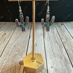Silver Tone Cactus Earrings with Faux Turquoise 