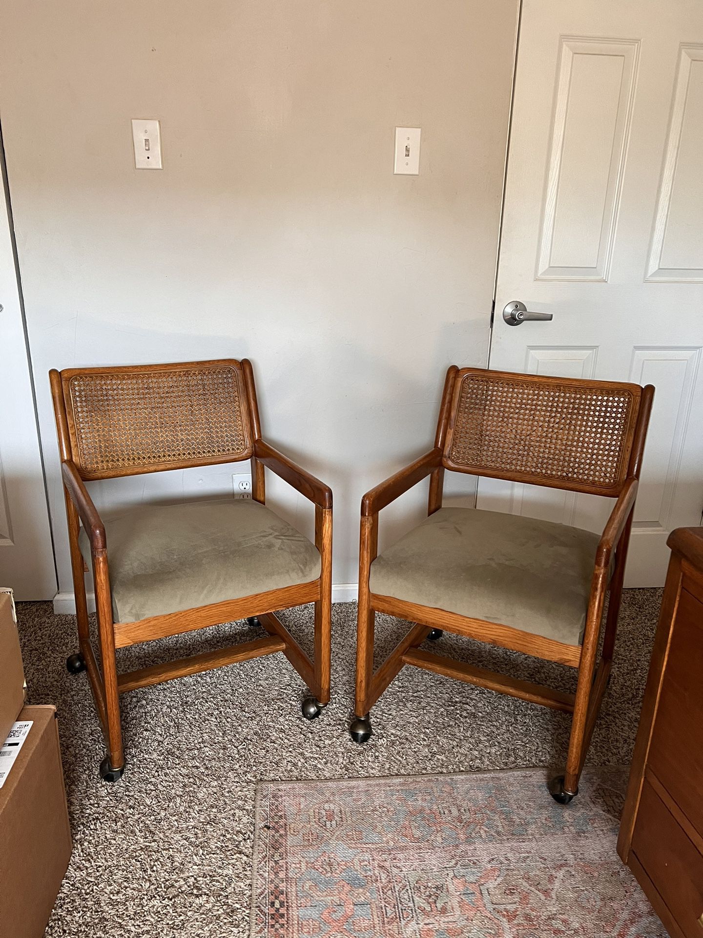 Pair of Cane Back Antique Velvet Chairs