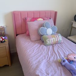 Pink Velvet Twin Bed Frame - Modern Upholstered Platform (Like New)