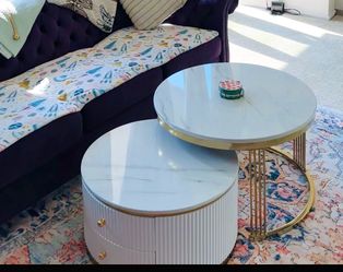 Round Nesting Coffee Table Set White Marble Gold
