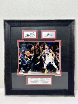 LeBron James & Steph Curry Framed Photo Laser Facsimile Signature Cavaliers Warriors