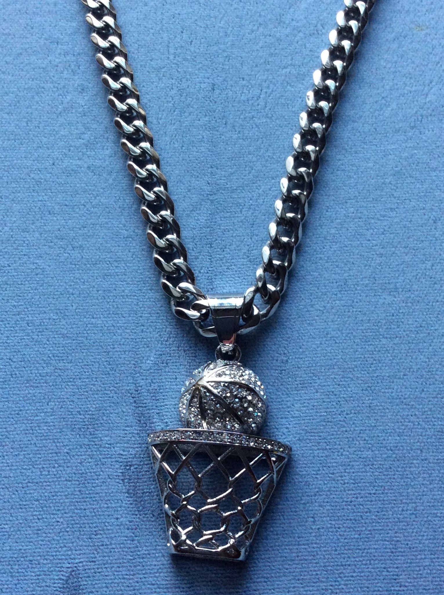 Stainless Steel CZ Basketball Pendant On 24” Cuban 7mm Chain