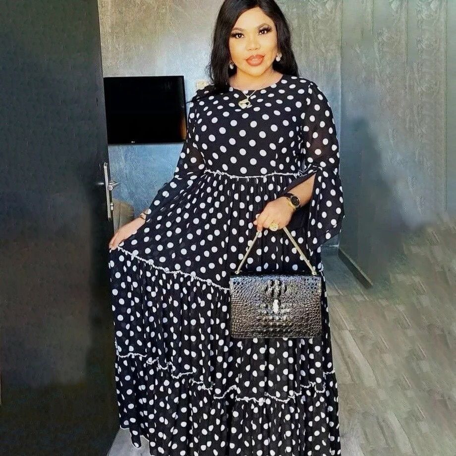 Dubai Maxi African Design Loose Robe Gowns Muslim Dress Lady Party White Dots Printing European Clothes American Clothing