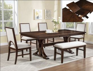 Brand New Dark Walnut & Beige 6pc Formal Dining Table Set