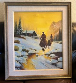 Vintage Original Signed Oil Painting on Canvas – Western Winter Cowboy Scene by Tom McGhee – Large Framed Wall Art