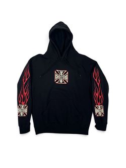 West Coast Choppers Black Fleece Pullover Hoodie Graphic Logo Flames Medium NWOT