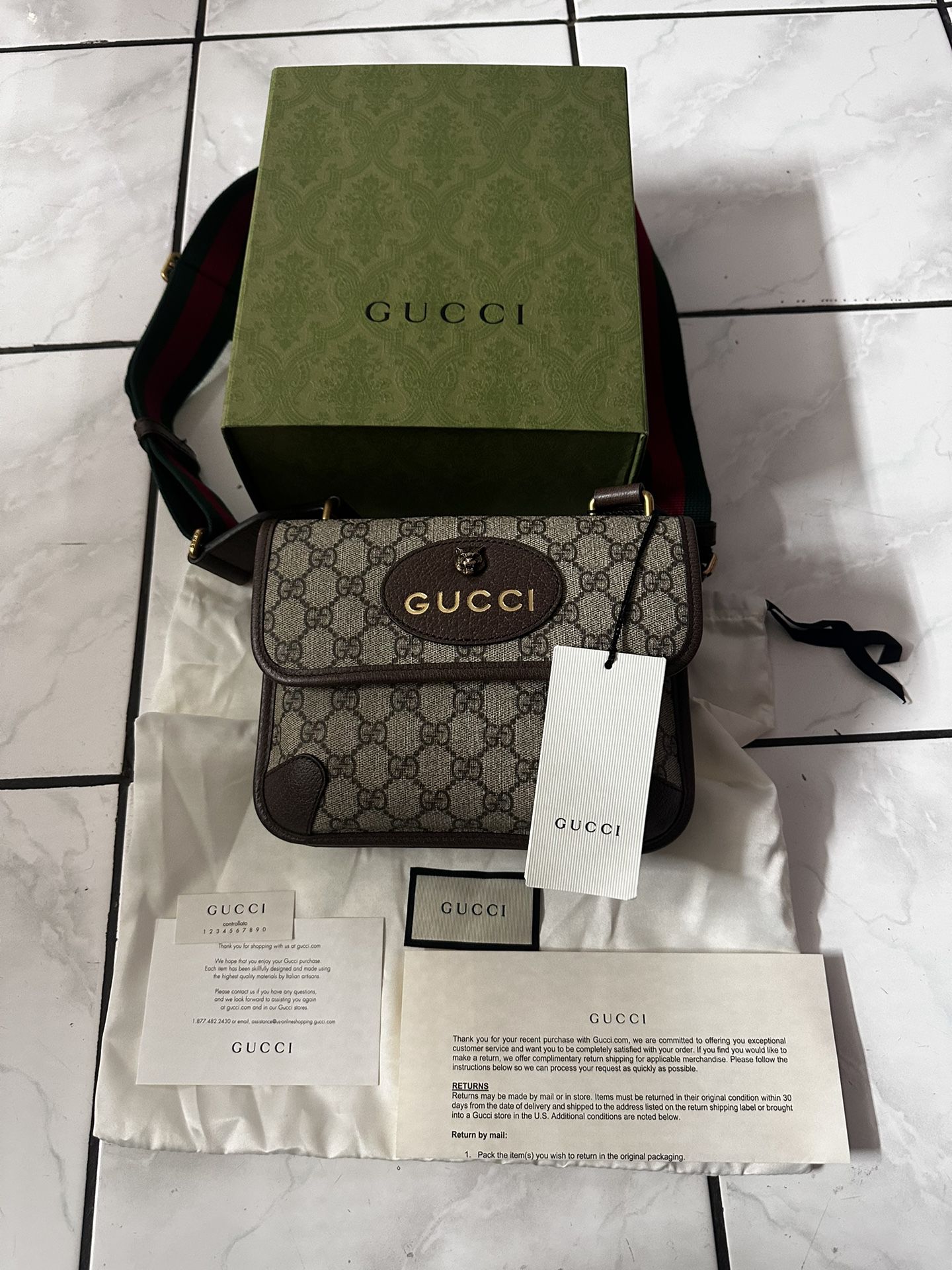 GUCCI GG Supreme Monogram Web Small Neo Vintage Double Flap Messenger Bag with Receipts and Tags