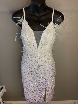White Sequin Mini Dress with Feather Detail