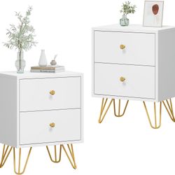 Nightstand Set of 2, End Side Table Double, Bedside Table with 2 Drawers, Dual Night Stand Metal Legs and Knobs for Bedroom Living Room (White)