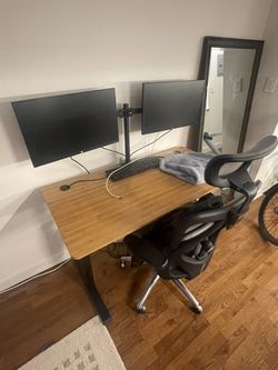 Adjustable Desk With Dual Monitors And ergonomic Chair