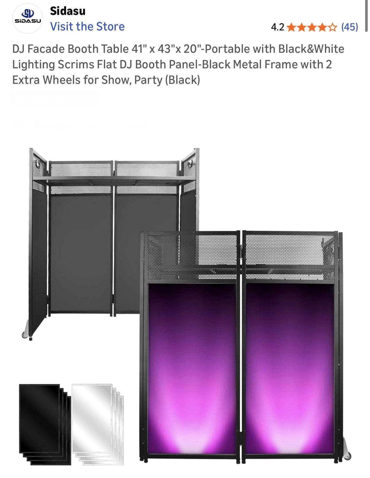 $100 DJ Facade Booth Table 41" × 43"x 20"-Portable with Black&White Lighting Scrims Flat DJ Booth Panel-Black Metal Frame with 2 Extra Wheels for Show