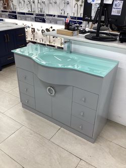 Gray Bathroom Vanity with Glass Sink top 40” cabinet new solid wood Softclose drawers doors