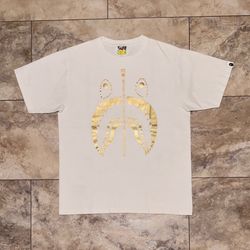 BAPE Gold Foil Shark Face Graphic T-Shirt White Tee Size Medium